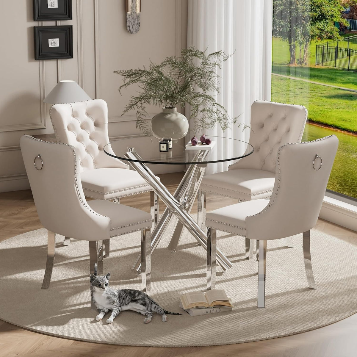 Round Glass Dining Room Table for 2-3, Modern Tempered Glass Top, Sturdy Chrome Legs, Adjustable Foot Pads, Kitchen Table for Living Room, Dining Room, Tea, Home, 35.5 Inch, Round Silver Base