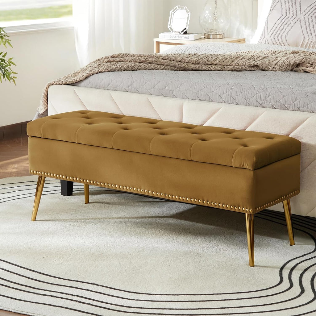 HULALA HOME Modern Velvet Storage Ottoman Bench with Gold Base & Nailhead Trim, Upholstered Bedroom Bench for End of Bed, Button-Tufted Footstool for Entryway Living Room Dining Room, Golden