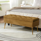 HULALA HOME Modern Velvet Storage Ottoman Bench with Gold Base & Nailhead Trim, Upholstered Bedroom Bench for End of Bed, Button-Tufted Footstool for Entryway Living Room Dining Room, Golden