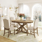 LUMISOL Round Dining Table Set for 4, Farmhouse Kitchen Table Set with Extendable Round Dining Table & 4 Upholstered Chairs, 5-Piece Solid Wood Table and Chairs Set for Dining Room, Natural