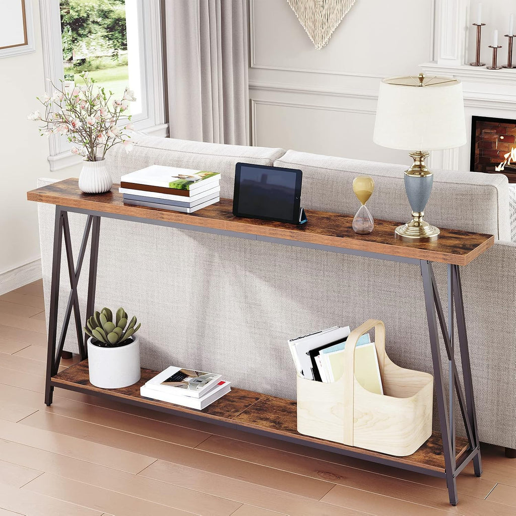 MAHANCRIS Console Table for Entryway, 63" Industrial Entryway Table, 2-Tier Extra Long Sofa Table Behind Couch, X-Shaped Support, for Entryway, Hallway, Living Room, Rustic Brown CTHR4801Z