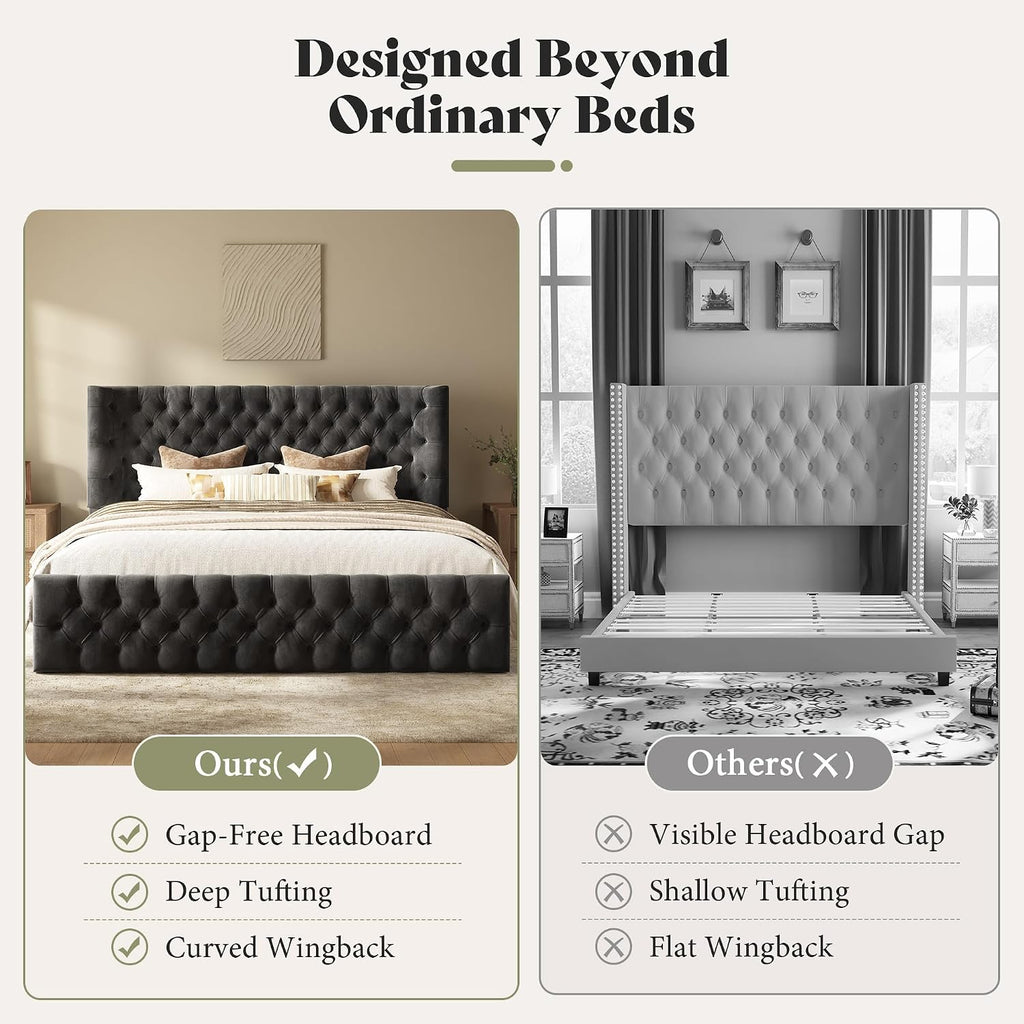 AMERLIFE Upholstered Queen Bed Frame with Wingback Headboard, Black Velvet