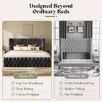 AMERLIFE Upholstered Queen Bed Frame with Wingback Headboard, Black Velvet