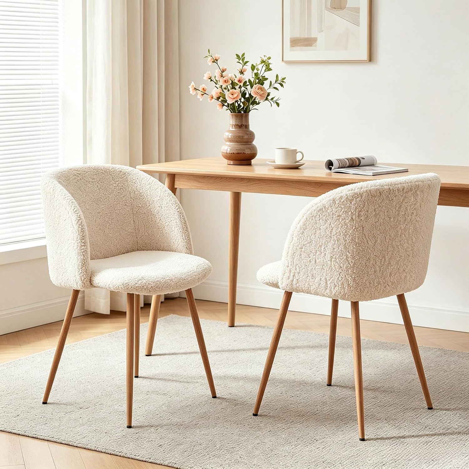Homedot Dining Chairs Set of 6, Upholstered Sherpa Kitchen Chairs with Curved Back, Padded Seat with Wood Grain Metals, Modern Dining Side Bedroom Chairs Barrel for Kitchen Dining Room, Off White