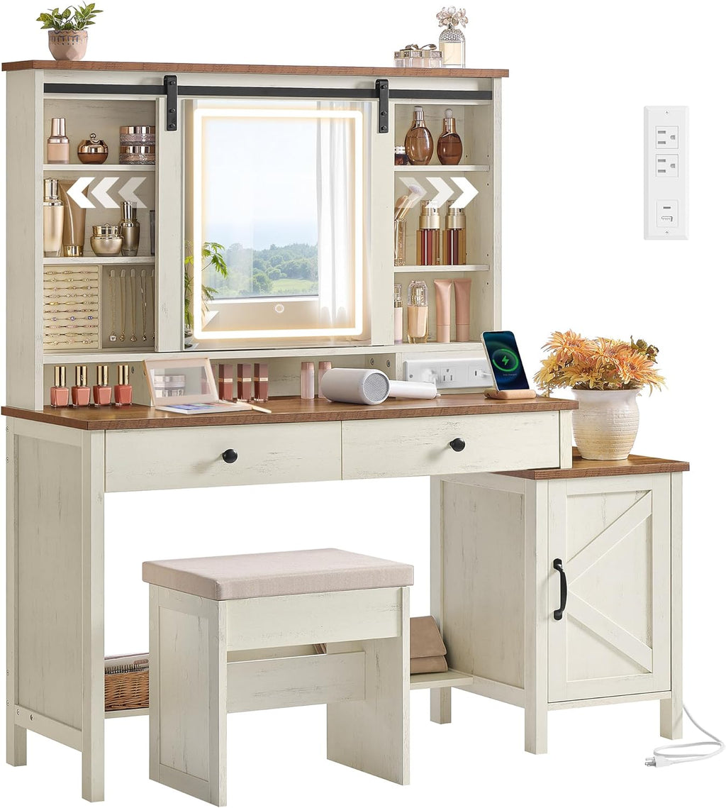 VASAGLE Farmhouse Vanity Desk with Mirror and Lights, Stool, 2 Drawers | Makeup Vanity, Charging Station for Bedroom, Jewelry Storage, Rustic White and Honey Brown, LIRY Collection URDT135W01S