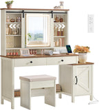 VASAGLE Farmhouse Vanity Desk with Mirror and Lights, Stool, 2 Drawers | Makeup Vanity, Charging Station for Bedroom, Jewelry Storage, Rustic White and Honey Brown, LIRY Collection URDT135W01S