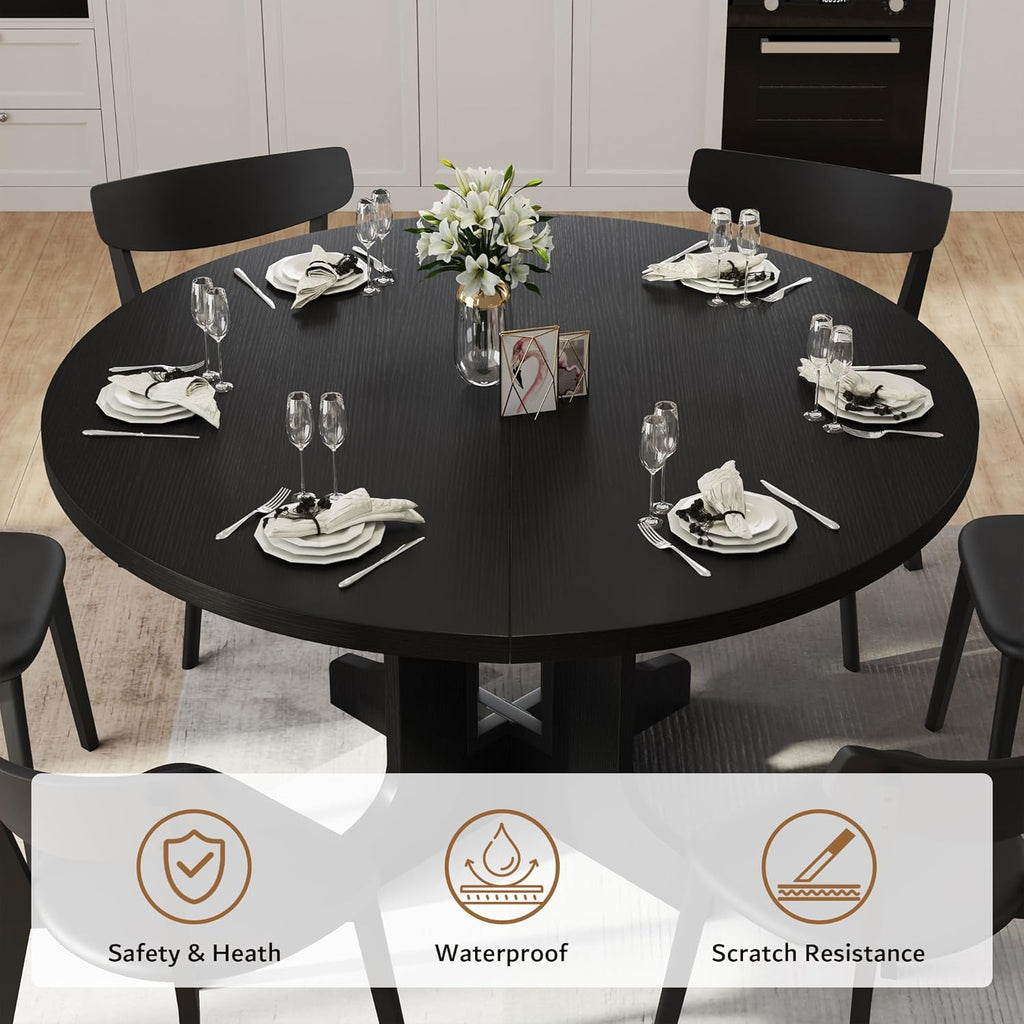 iPormis 59" Extendable Round Dining Table for 4-6, Modern Kitchen Table with Heavy Duty Pedestal Base & Wooden Top, Oval Dinner Table, Dining Room for Dining Living Room, Easy Assembly, Black