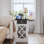 Clihome End Table with Charging Station, 15.4'' Rustic Nightstand with Barn Door & Adjustable Shelf, Wooden Sofa Side Table with 3-Tier Storage for Living Room, Bedroom, White