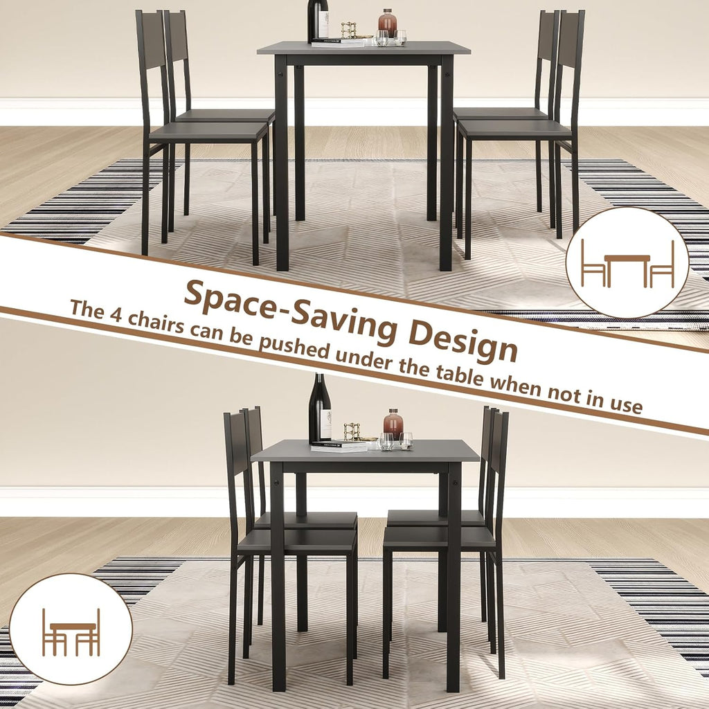 GOFLAME 5-Piece Dining Table Set, Industrial Kitchen Table and Chairs for 4 with Backrest and Metal Frame, Rectangular Space-Saving Dinette Set for Dining Room, Apartment, Small Space, Grey