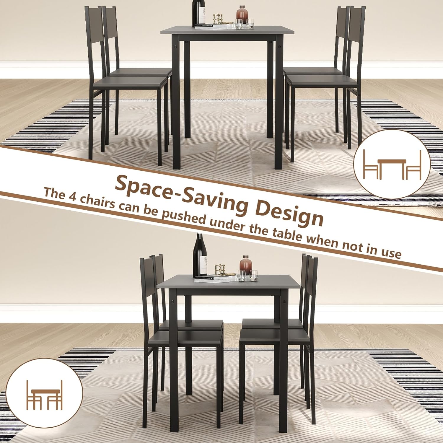 GOFLAME 5-Piece Dining Table Set, Industrial Kitchen Table and Chairs for 4 with Backrest and Metal Frame, Rectangular Space-Saving Dinette Set for Dining Room, Apartment, Small Space, Grey