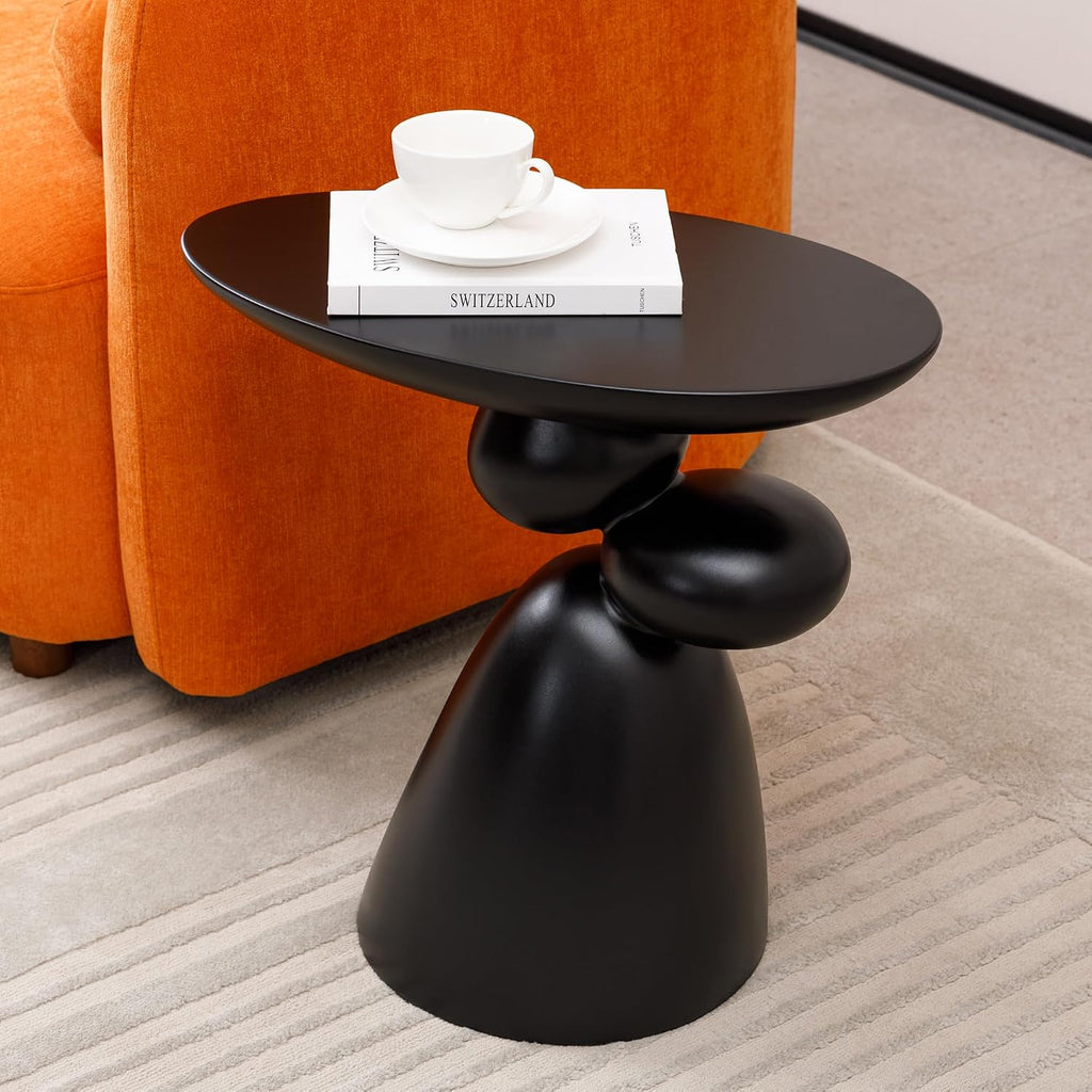20" Lucky Stone-Shaped Oval End Table, Modern Minimalist Glass Fiber Side Table, Sculptural Base Living Room Accent Table, Suitable for Apartments, Black