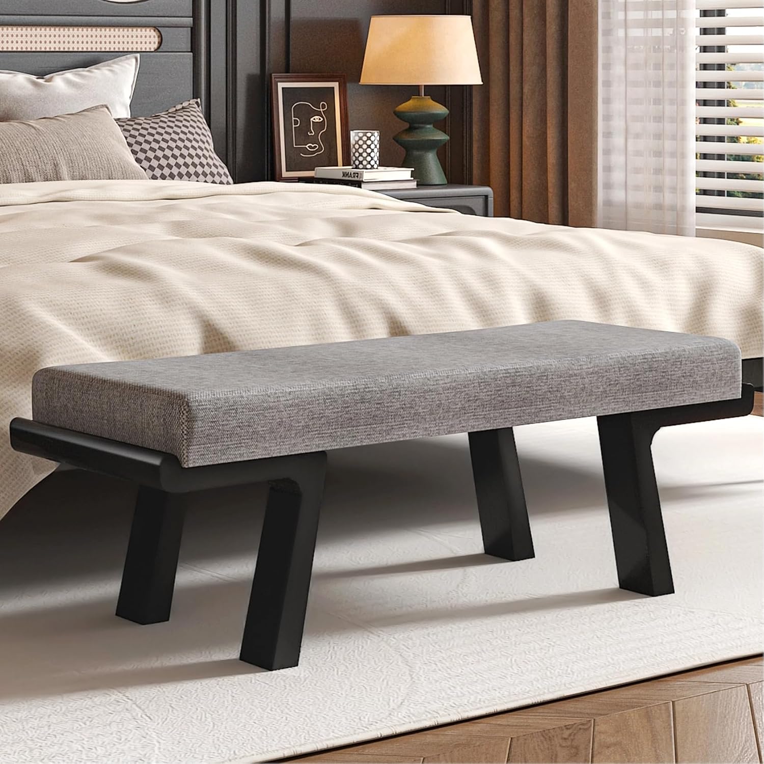 Zesthouse Solid Wood Bench for Bedroom End of Bed, Upholstered Small Entryway Bench with Cushion, 47" Grey Linen Ottoman Bench with Black Wood Legs, Modern Dining Bench Seat, for Indoor Living Room