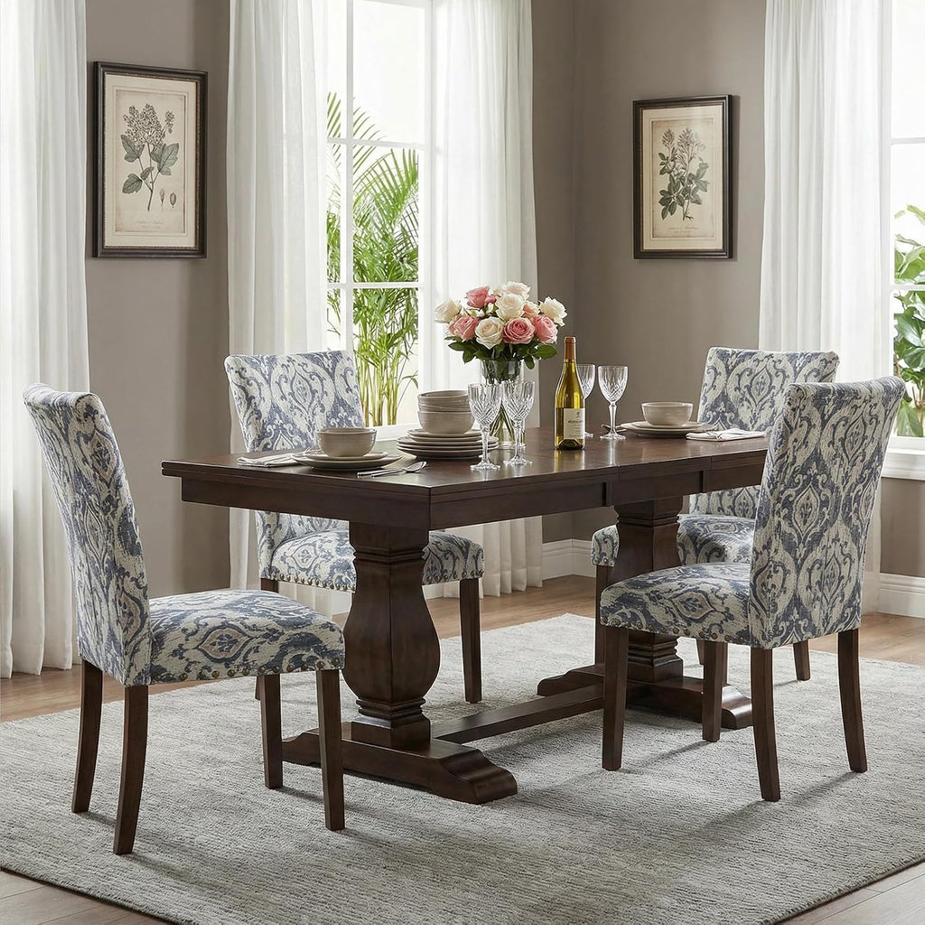 Furniliving Upholstered Dining Chairs Set of 2 - Line Fabric Modern Farmhouse Kitchen Chairs, High-Back Dining Room Chairs with Wooden Legs for Kitchen Dining Room Living Room.Floral Blue
