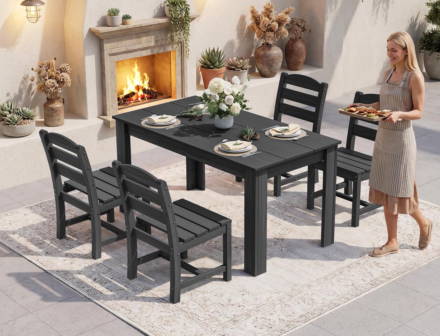 SERWALL HDPE Dining Set for 6: 1 Umbrella Hole Table, 4 Armless + 2 Armchairs. Includes 6 Plastic Woven Placemats – Heat-Resistant, Non-Slip & Easy to Clean. for Patio, Garden, Backyard. Black