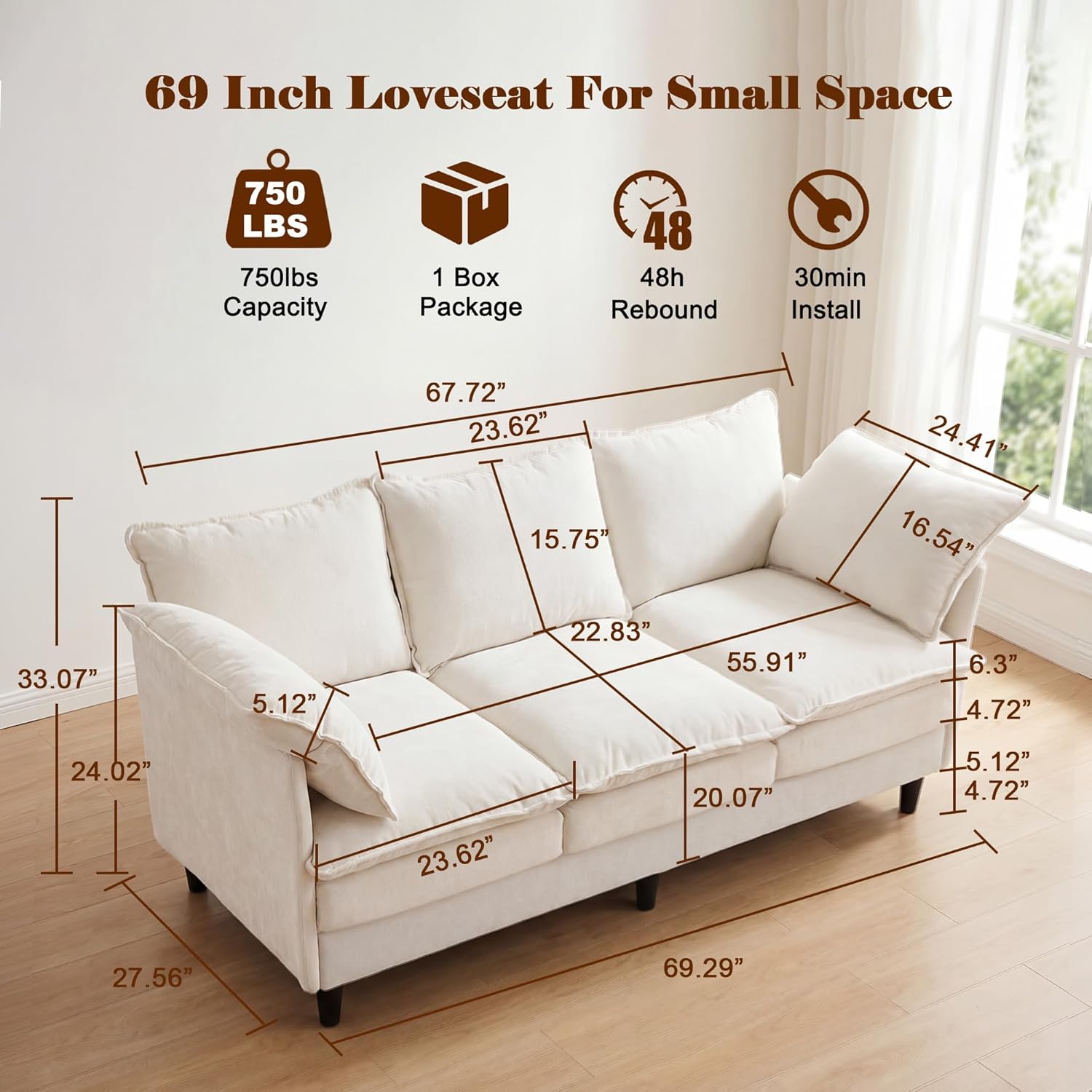 3 Seater Couch & Loveseat Sofa 2 Piece Set, Small 50" Love Seat & 69" Cloud 3 Seat Couch Sofa Set Washable Chenille Pillow Living Room Set for Apartment Office 50-Beige-3+2