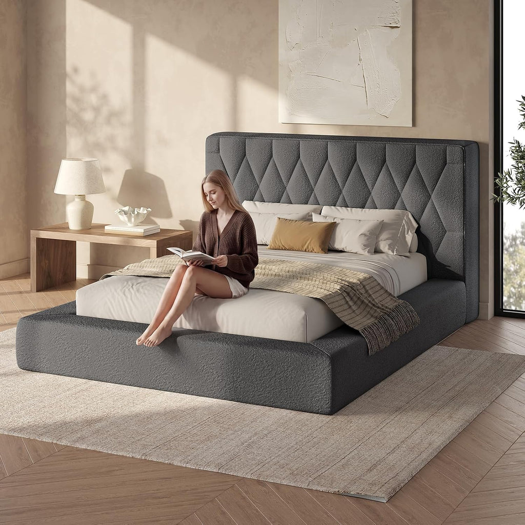 ADORNEVE Upholstered Cloud Bed Frame Queen with 5.9" Thick Headboard, Grey