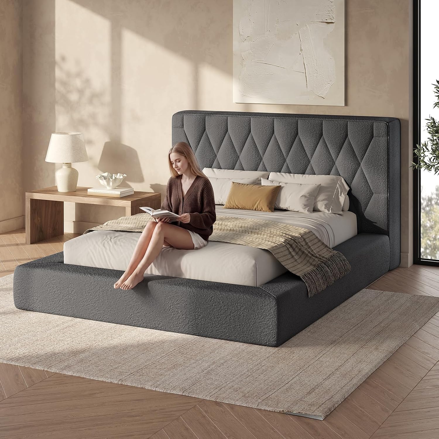 ADORNEVE Upholstered Cloud Bed Frame Queen with 5.9" Thick Headboard, Grey