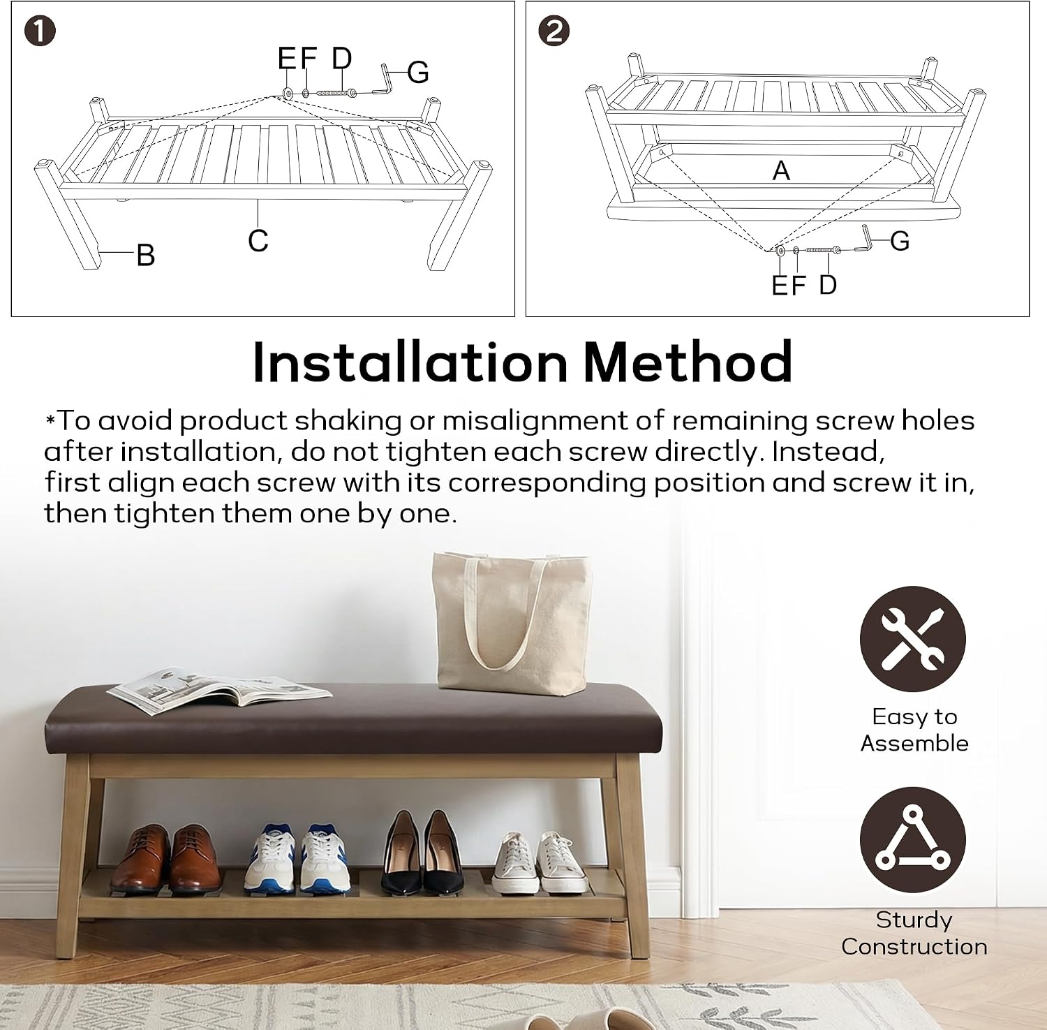 HUIMO Entryway Shoe Bench with Cushion, End of Bed Bench,Upholstered Bench for Kitchen, Bench with Solid Wood Shelf, Leather Ottoman Bench for Hallway, Living Room (PU-Brown)