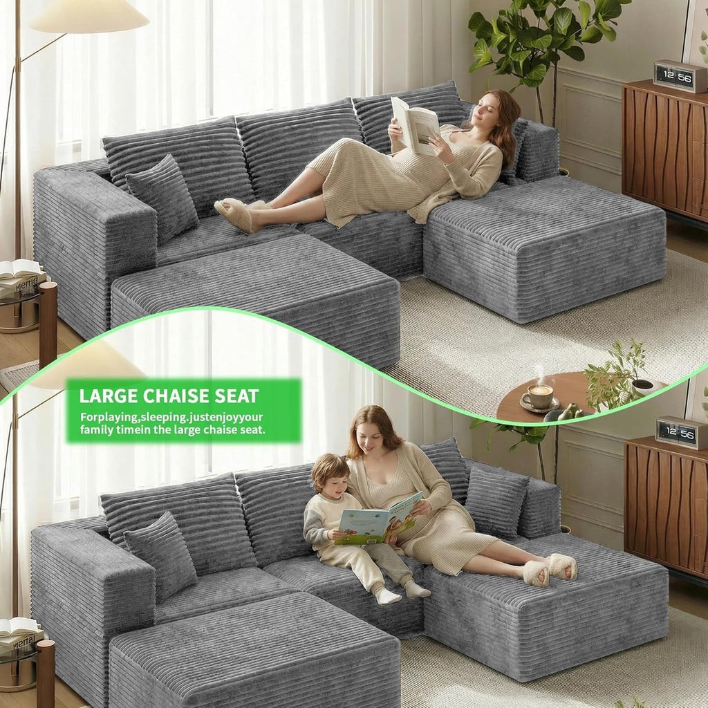 110" U Shaped Sectional Sofa with 2 Ottomans, Modular Corduroy Cloud Couch, Oversized Deep Seat Sofa for Living Room, Flexible Combination Design, No Assembly Required