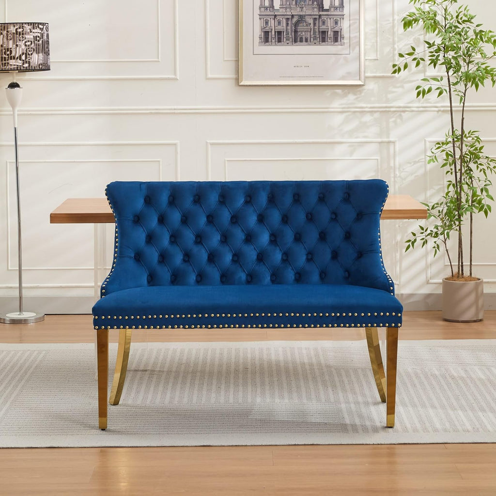 KEIKI Velvet Tufted Loveseat Bench, Double Dining Room Chairs, 2-Seat Tufted Seat with Nailhead Trim Chairs with Gold Plated Steel Legs and Padded Seat, Blue