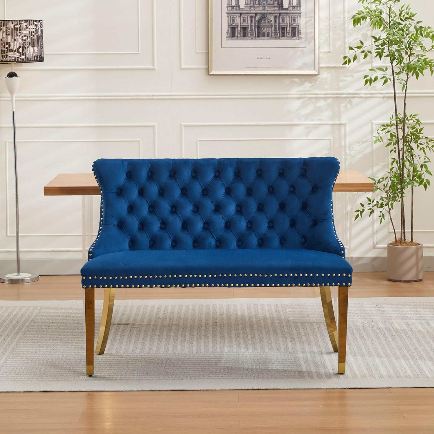 KEIKI Velvet Tufted Loveseat Bench, Double Dining Room Chairs, 2-Seat Tufted Seat with Nailhead Trim Chairs with Gold Plated Steel Legs and Padded Seat, Blue