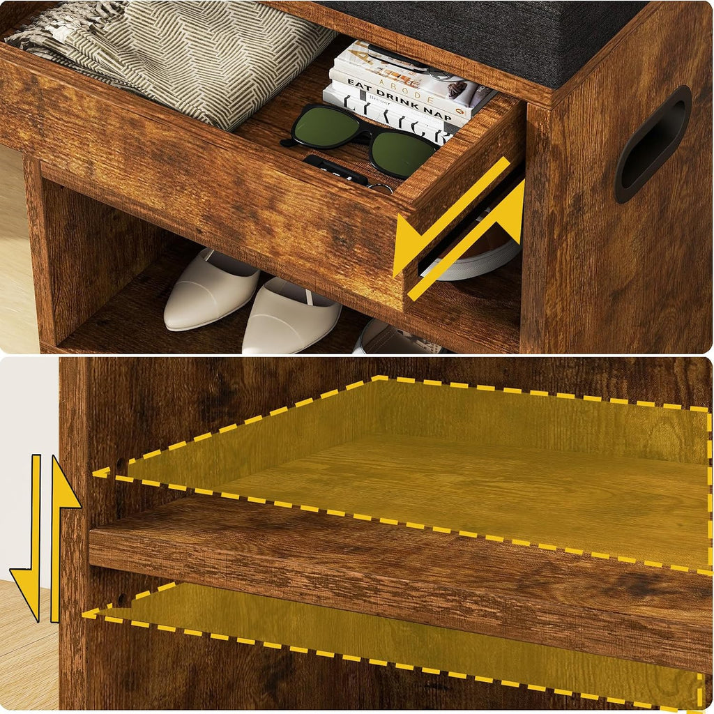 YMYNY Small Shoe Storage Bench with Cushion and Drawer, 2 Tier Adjustable Entryway Bench with Storage, Wooden Shoe Rack Bench for Entryway, Living Room, Hallway, Closet, Bedroom, Rustic Brown, HSC002H
