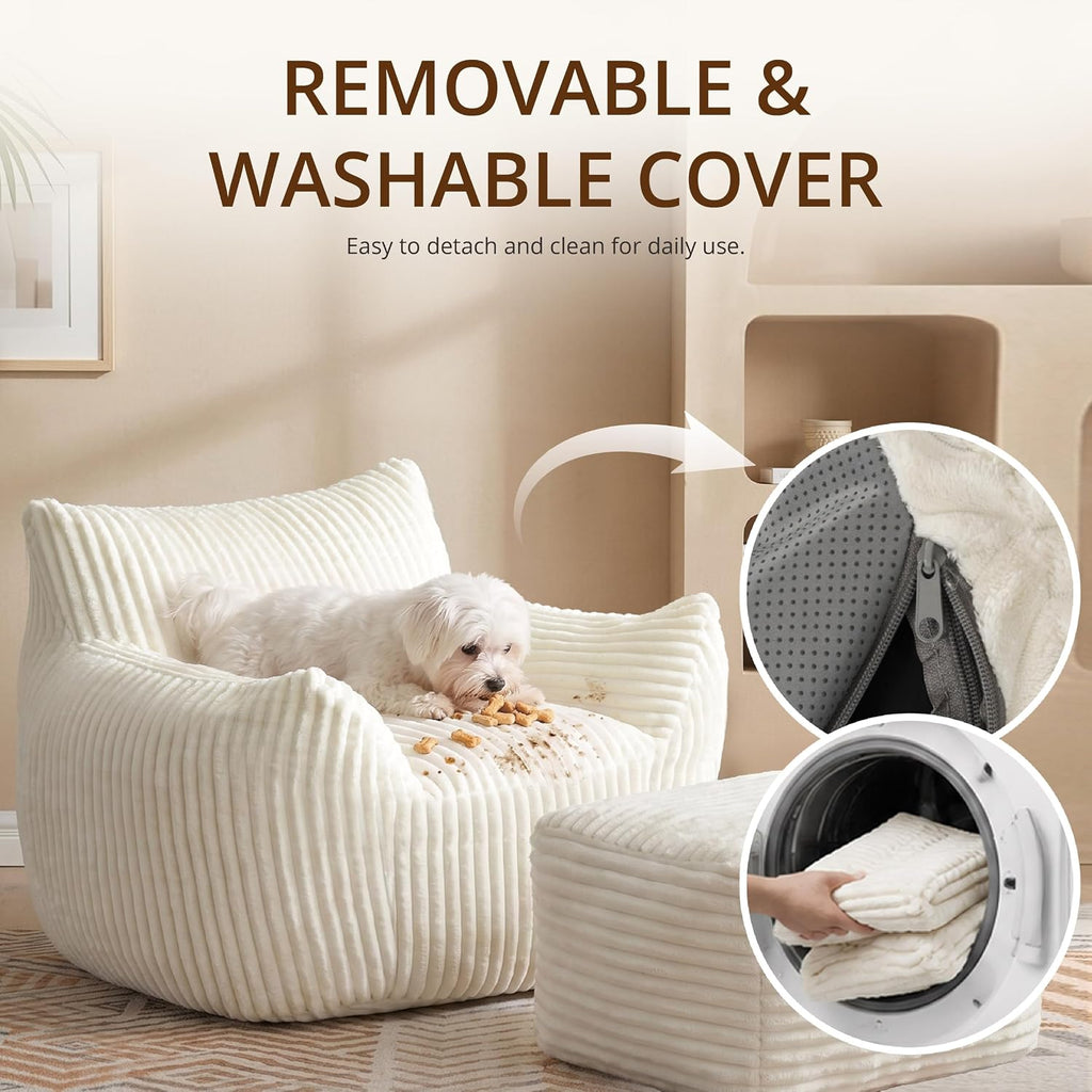 Giant Bean Bag Chair for Adults, Large Bean Bag with Ottoman | Cloud Comfy Bean Bag with Backrest & Armrests, Stuffed Beanbag Chair for Reading, Gaming, Napping, Beige