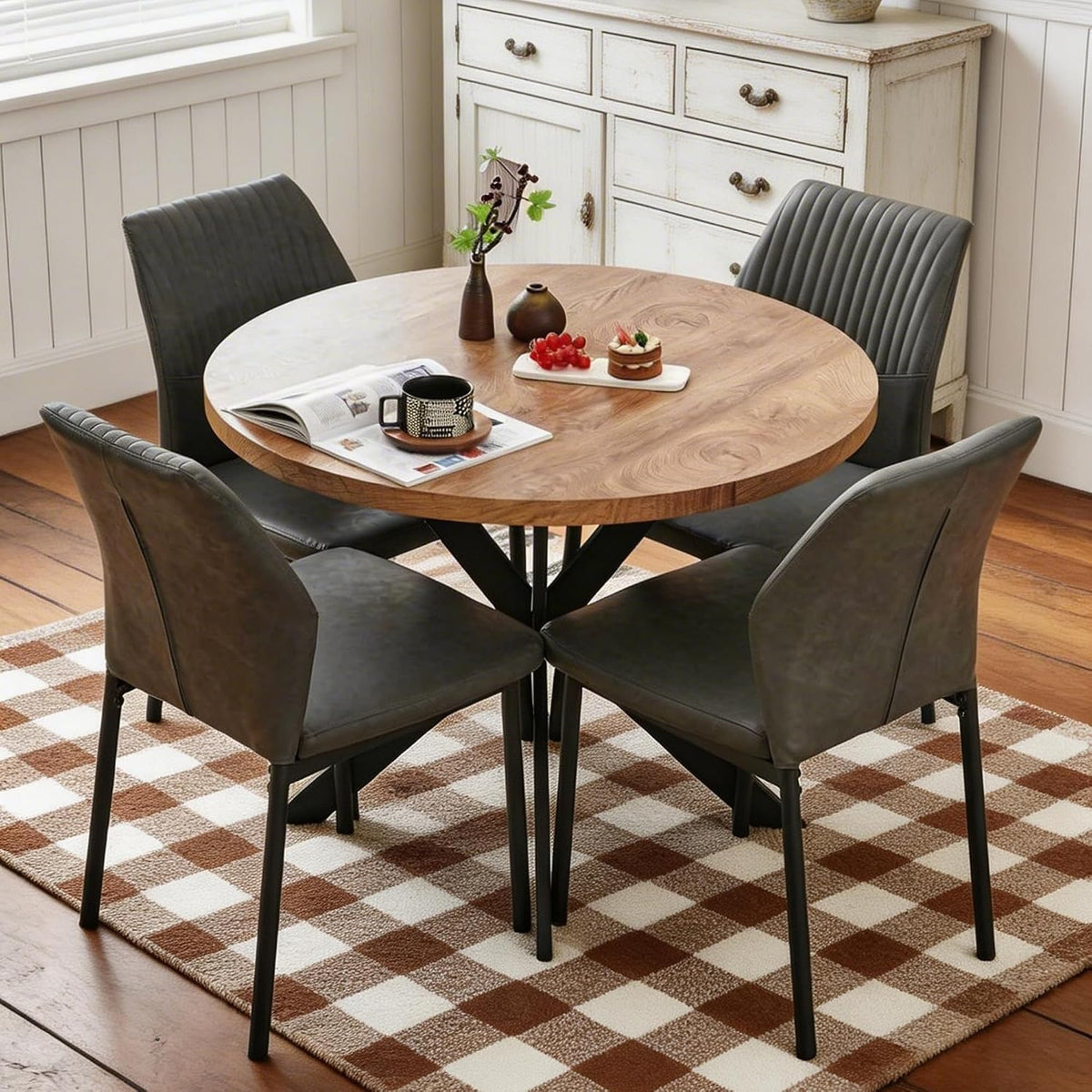 37 Inch Round Dining Table Set for 4, Modern Small Circle Kitchen Coffee Set for Apartment Living Room Office, Save Space(1 Wooden Table+2 Grey PU Leather Chairs)