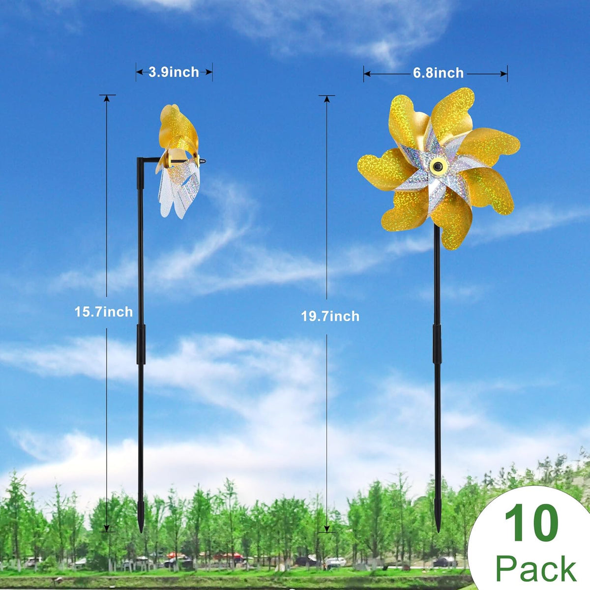 10 Pack Reflective Pinwheels with Stakes, 19.7 inch Gold & Silver Pre-Assembled Sparkle Pin Wheel for Scare Birds and Unwelcome Animals Away Form Yard, Garden, Lawn
