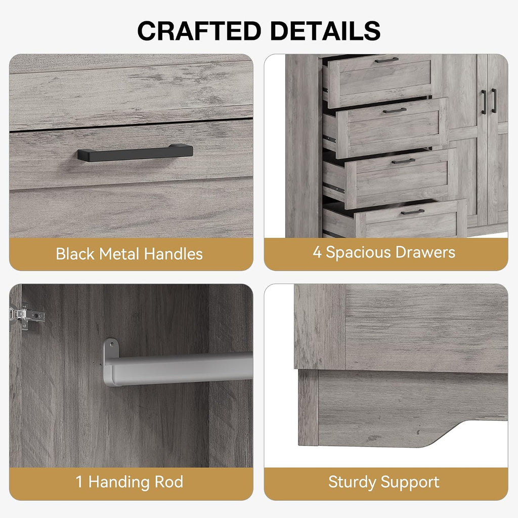IDEALHOUSE 43.3'' H Armoire Wardrobe Closet with 4 Drawers and 2 Doors, Hanging Rod, Multifunctional Wooden Dresser with Storage Closet, Bathroom Cabinet for Bedroom, Gray