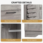 IDEALHOUSE 43.3'' H Armoire Wardrobe Closet with 4 Drawers and 2 Doors, Hanging Rod, Multifunctional Wooden Dresser with Storage Closet, Bathroom Cabinet for Bedroom, Gray