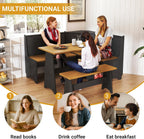 Breakfast Nook Set 3-4 Seat L-Shaped with Hidden Storage - Space Saving Corner Kitchen Dining Table & Bench Set - Farmhouse Family Home Wood Black