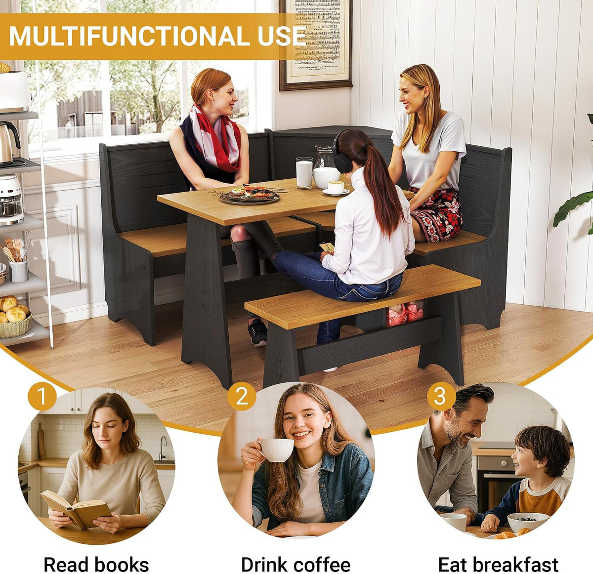 Breakfast Nook Set 3-4 Seat L-Shaped with Hidden Storage - Space Saving Corner Kitchen Dining Table & Bench Set - Farmhouse Family Home Wood Black
