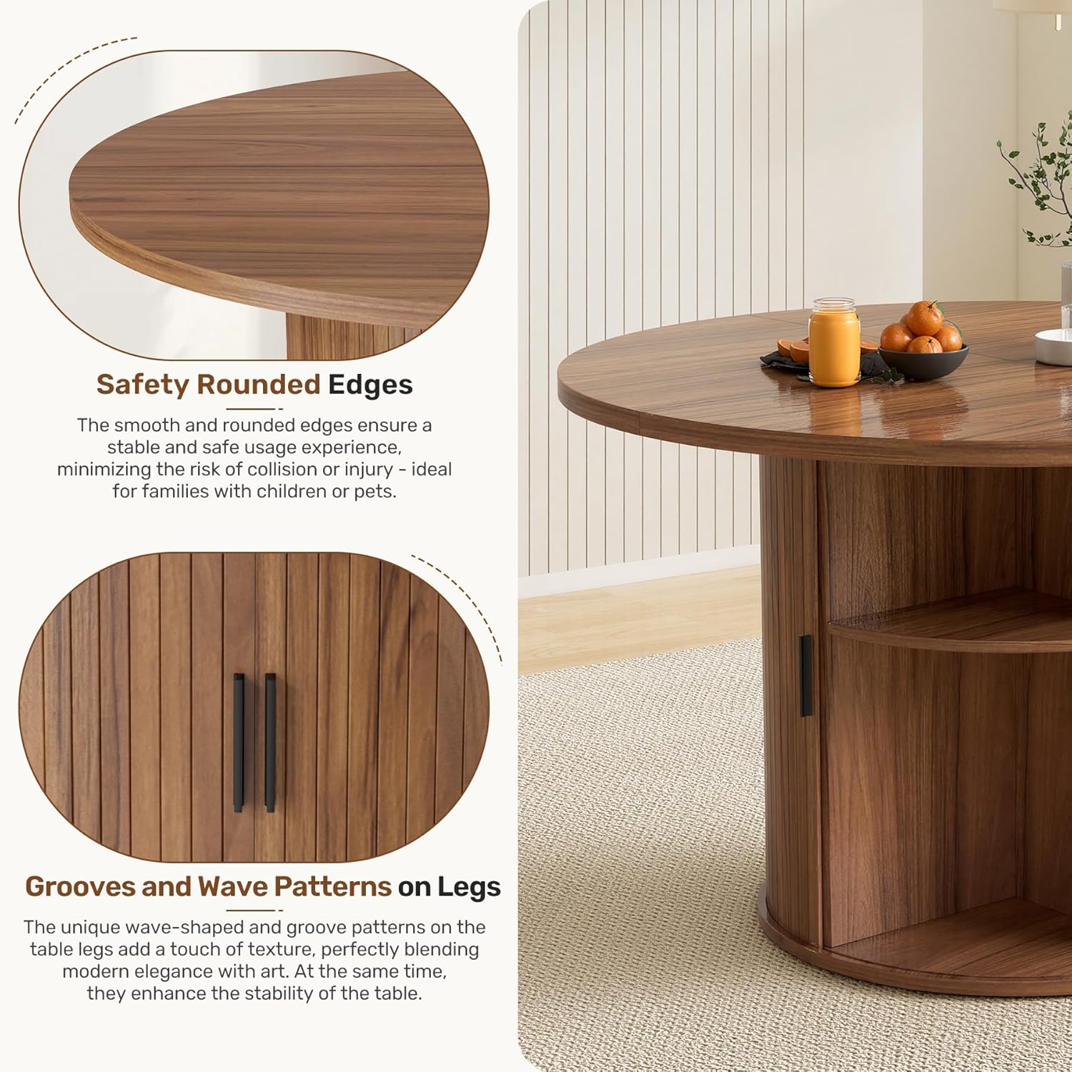 Miereirl Modern 5-Piece Dining Set for 4，47.24" Round Wooden Table with Semi-Open Storage Rack & Siding Door, Paired wth High-End Fabric Chairs -Warm Home Dining Room Combination