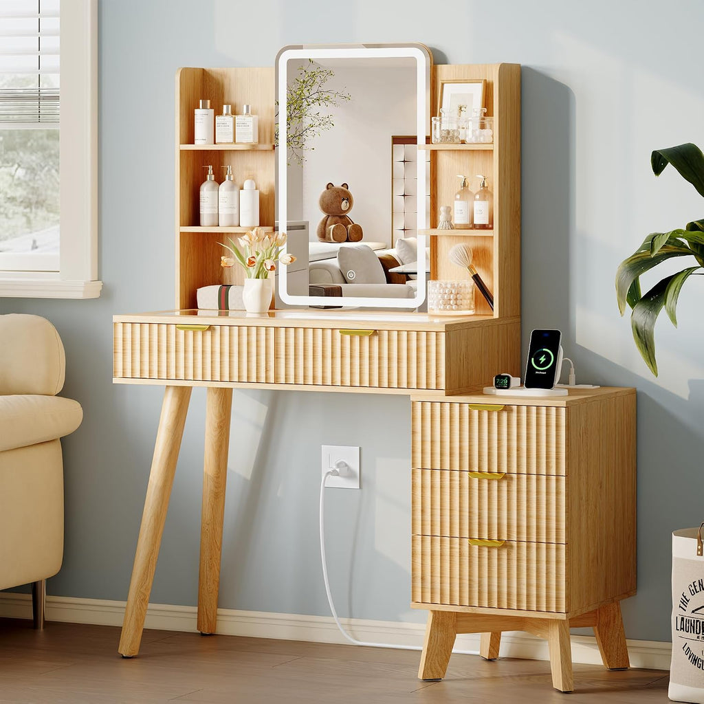 Vanity Desk With HD Lighted Mirror and Lights, Fluted Small Makeup Vanity with Storage Drawers & Shelves, Modern Dressing Table Set with Power Outlet & Glass Table Top for Women Girls Bedroom, Oak