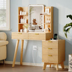Vanity Desk With HD Lighted Mirror and Lights, Fluted Small Makeup Vanity with Storage Drawers & Shelves, Modern Dressing Table Set with Power Outlet & Glass Table Top for Women Girls Bedroom, Oak