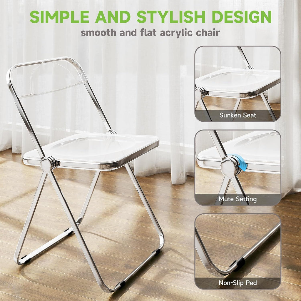 Real Relax Acrylic Folding Chairs,Foldable & Stackable Clear Chairs with Metal Chrome Frame, Indoor and Outdoor, for Home, Office, Party & Events,Set of 6,350LB,Transparent