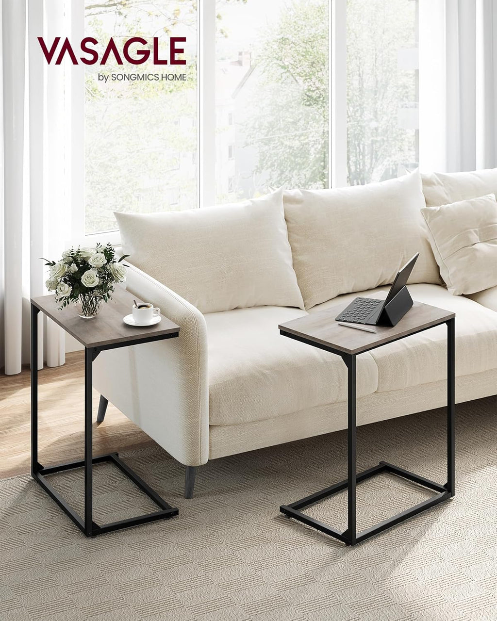 VASAGLE Set of 2 C Shape End Tables, Small Coffee Tables for Couch Or Sofa, Industrial Side Tables in Living Room, Bedroom, 13.8 x 21.7 x 26 Inches, Greige and Classic Black UZH2504036