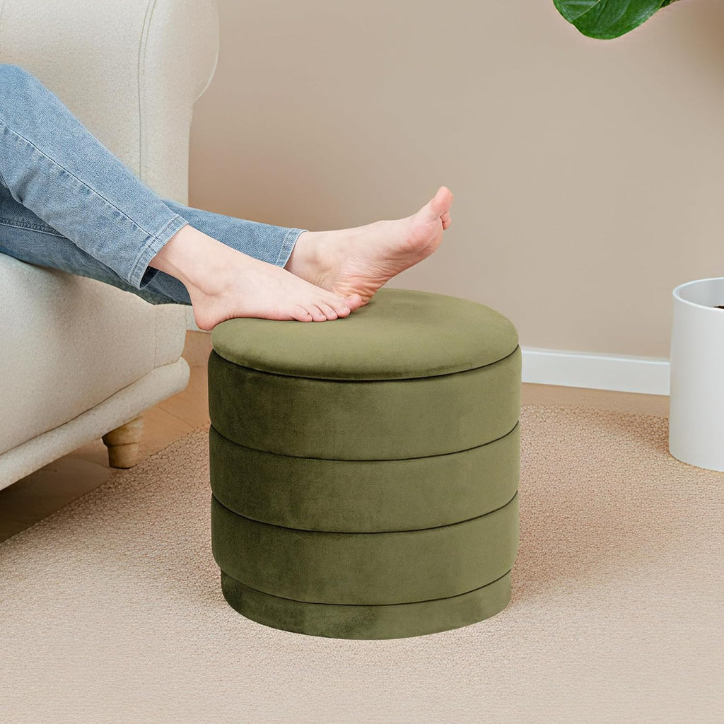 15.4" Round Velvet Storage Ottoman with Reversible Lid, Upholstered Circular Ottoman Footrest with Hidden Storage, Foldable Padded Footstool for Dorm Living Room & Bedroom, Olive Green