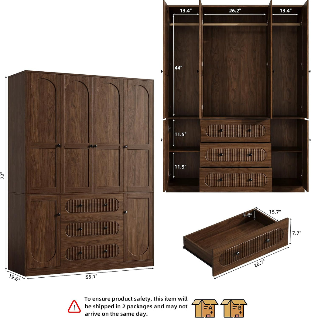 TOKSOM 4 Doors Freestanding Armoire Wardrobe Closet, 72" Walnut Wardrobe Armoire Wooden Closet Large Capacity Storage with 3 Drawers & 3 Hanging Rod Shelves Clothes Organizer