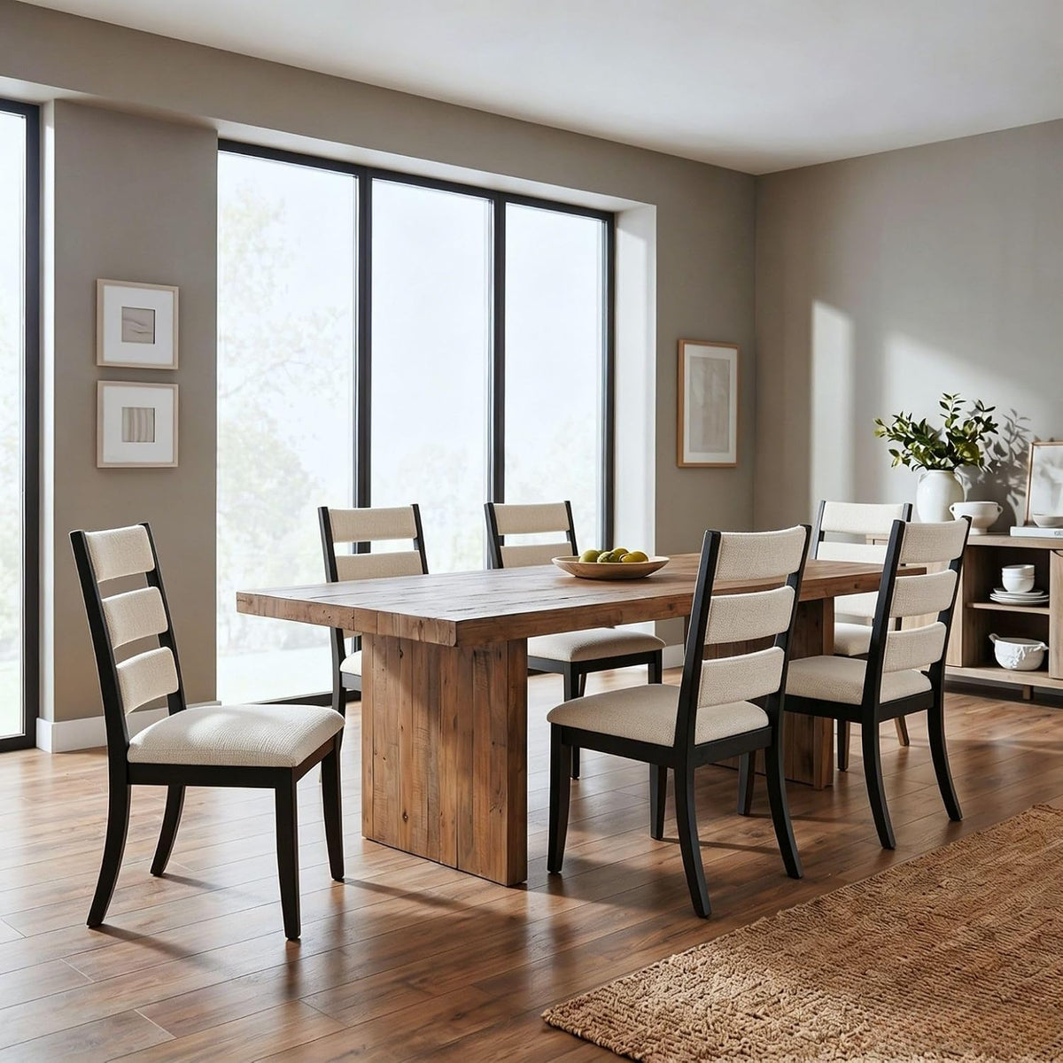 Dining Chairs Set of 2 Farmhouse Kitchen Chairs with Upholstered Cushion Back and Seat Ladder Back Side Chairs for Dining Room Living Room Restaurant(Black Frame, Chenille Beige)