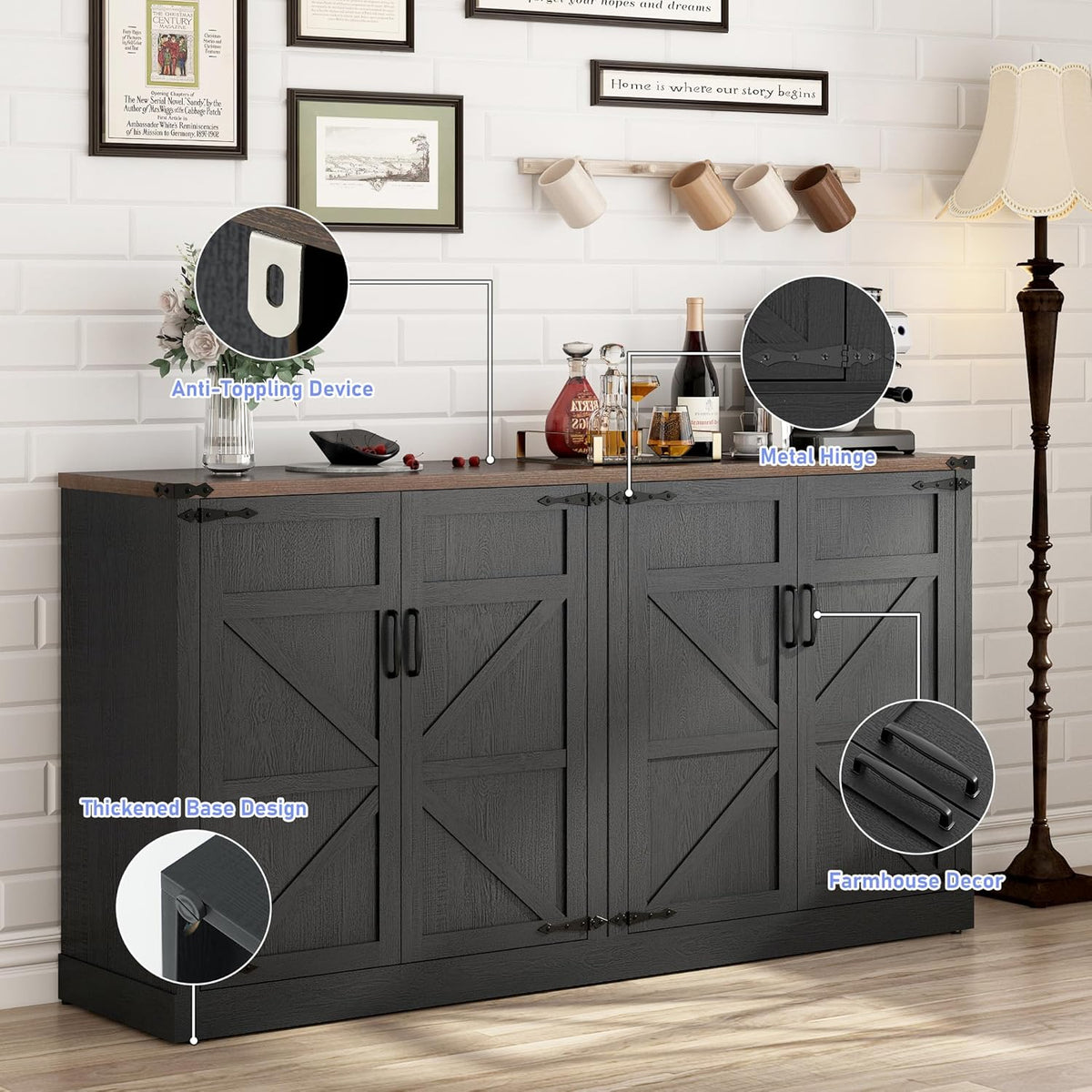 Sideboard Buffet Cabinet with Storage - 65 Inch Farmhouse Kitchen Pantries Sideboard Cabinets with Adjustable Shelves, Wooden Coffee Bar Cabinet Buffet Table for Kitchen, Dining Room, Black