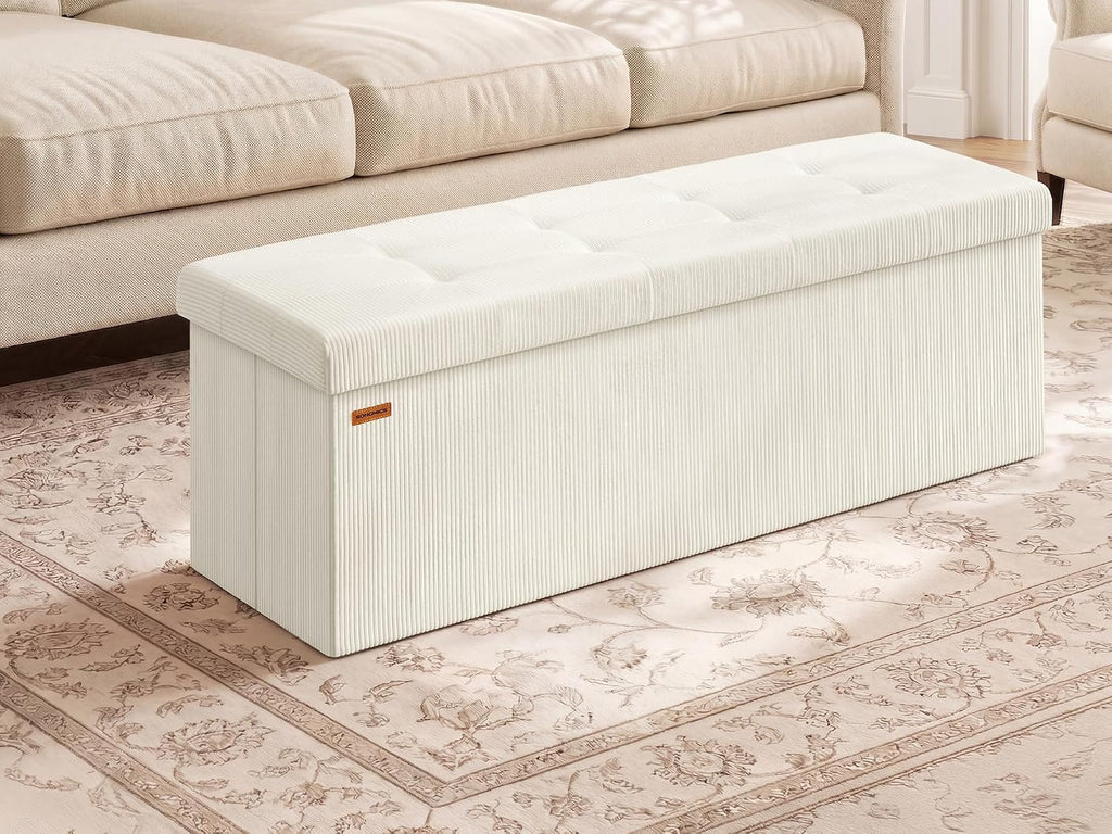 SONGMICS Ottoman Storage Bench, 43 Inch Foldable Foot Rest | Corduroy, for Entryway, Living Room, Bedroom, Cream White, MINOTA Collection ULSF604W01
