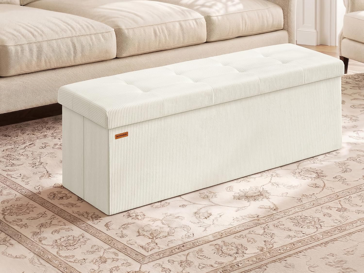 SONGMICS Ottoman Storage Bench, 43 Inch Foldable Foot Rest | Corduroy, for Entryway, Living Room, Bedroom, Cream White, MINOTA Collection ULSF604W01