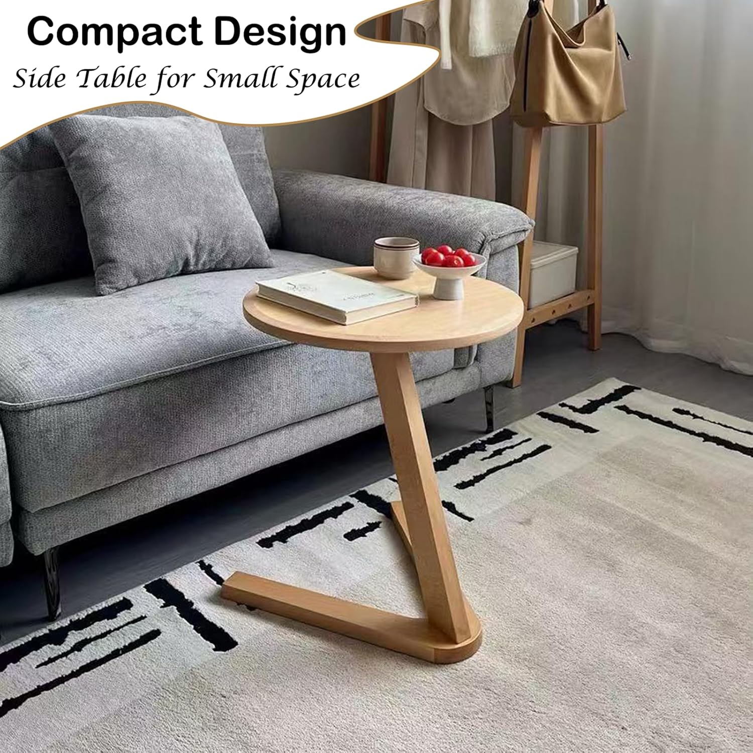 YUNMUARY-C-Shaped Side Table Round Side Tables for Couch Space-Saving Sofa Table Slide Under Couch for TV Dinner Laptop Side Over Solid Wood End Table for Living Room Modern Nightstand (Light Brown)