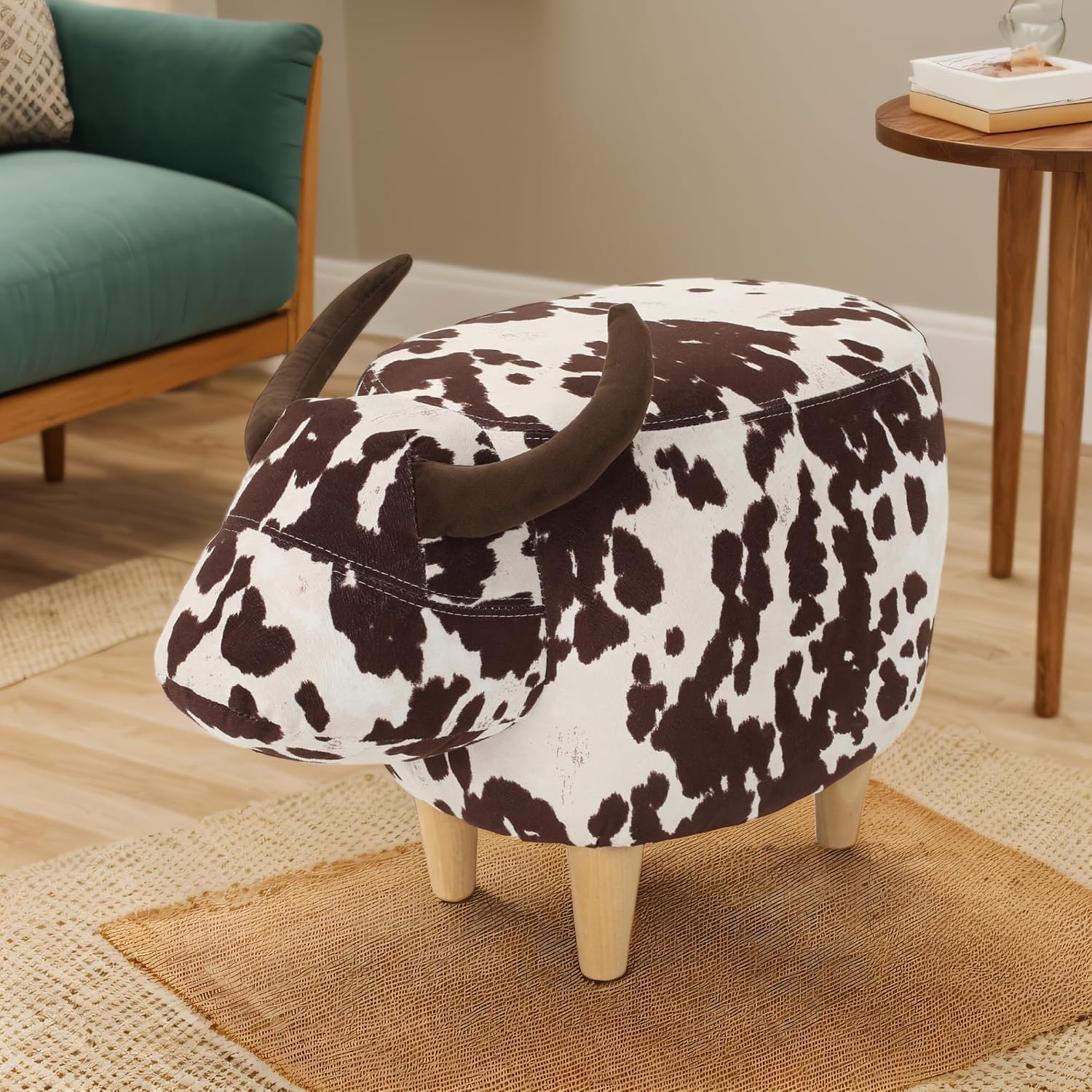 Modern Footstool, Cow-Shaped Ottoman with Birch Legs Cute Velvet Foot Rest for Couch Sofa, Artsy Animal Print Foot Stool for Living Room, Bedroom, Porch, Garden, Balcony Decor (Brown + White）