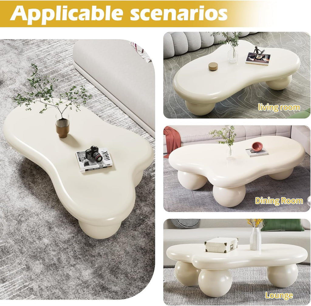 40" Modern White Coffee Table Cloud Shape Low Center Table Cute Irregular Indoor Tea Table with 3 Ball Legs for Living Room Small Space