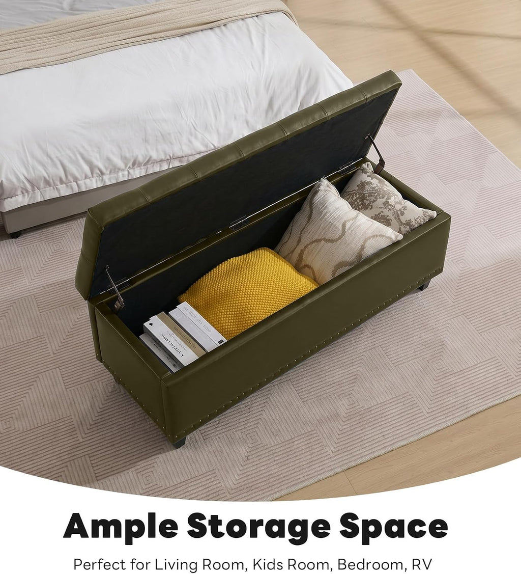 Tbfit 50.8" Large Storage Ottoman Bench with Button-Tufted Top, Blue PU Faux Leather End of Bed Chest with Safety Hinge and Rivets for Bedroom, Living Room (Green PU)