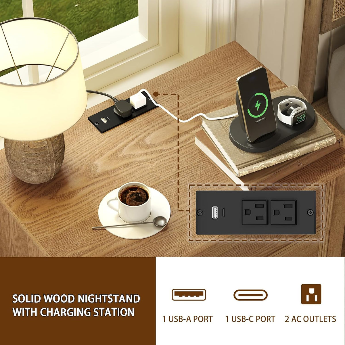 IKENO Solid Wood Nightstand with Charging Station, Wooden End Table with 2 Solid Wood Drawers, Farmhouse Style Side Table, Suitable for Bedroom, Teak