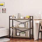 Homeiju 3 Tier Bookshelf 31.49" Width, Wood and Metal Etagere Bookcase, Vintage Farmhouse Modern Wooden Big Book Shelf for Home Living Room Bedroom Office Storage(Light Coffee)